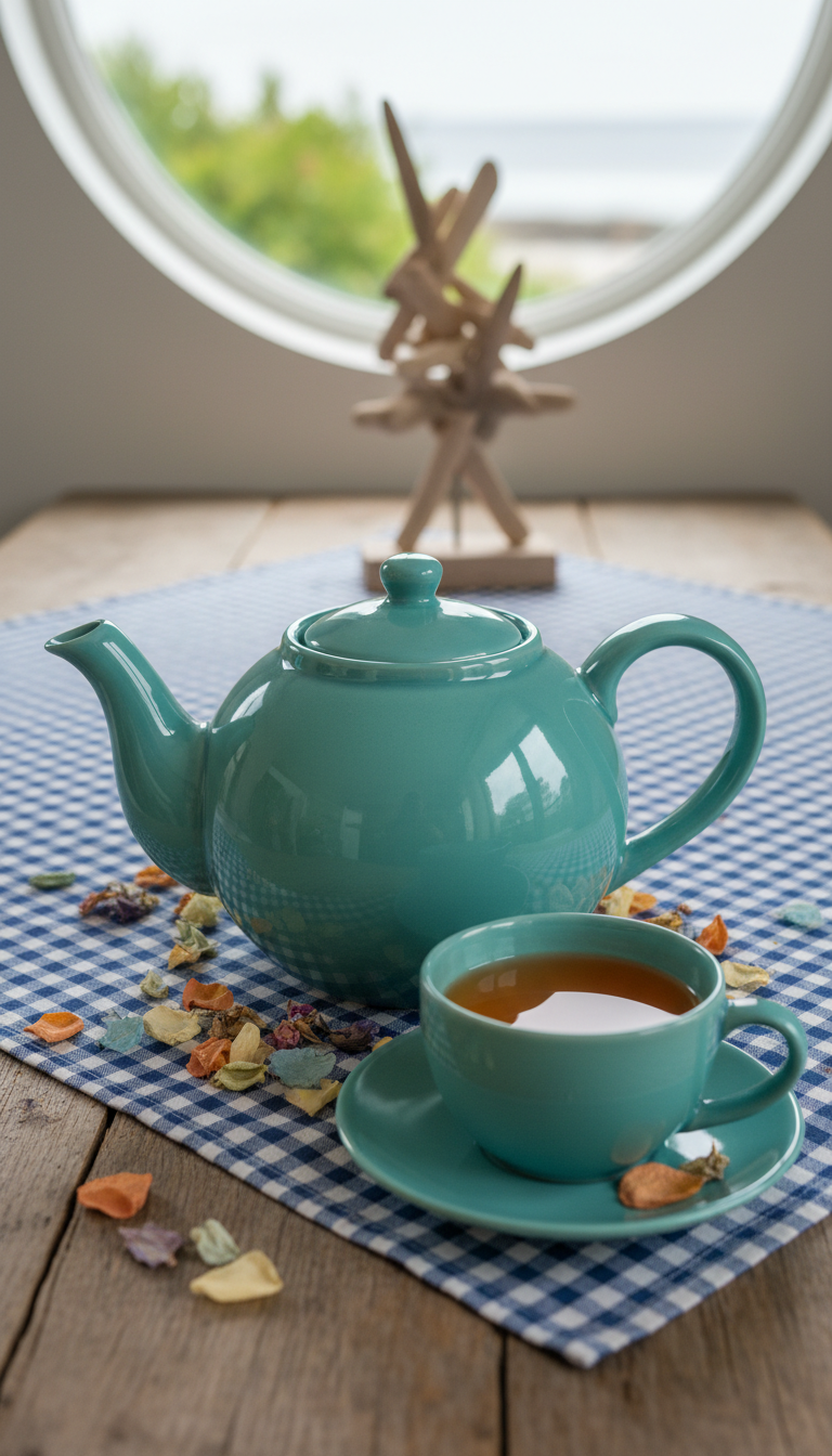 A whimsically oversized, glossy teal ceramic teapot with a cheerful rounded form and delicate spout, paired with a matching cup and saucer holding vibrant amber tea. Positioned on a gingham-patterned tablecloth on a rustic wooden table, the set is surrounded by scattered dried flower petals and a small, playful driftwood centerpiece, echoing the seaside atmosphere. Gentle overcast daylight slips through a round window, creating soft, diffuse light that highlights the ceramic's gleam while casting subtle, rounded shadows. The mood is cozy and playful, inviting lingering enjoyment in a nature-embracing setting. Captured from a low, slightly angled perspective with sharp focus on the teapot and a softly blurred background, prioritizing photographic realism with bright, inviting colors and energetic layout.