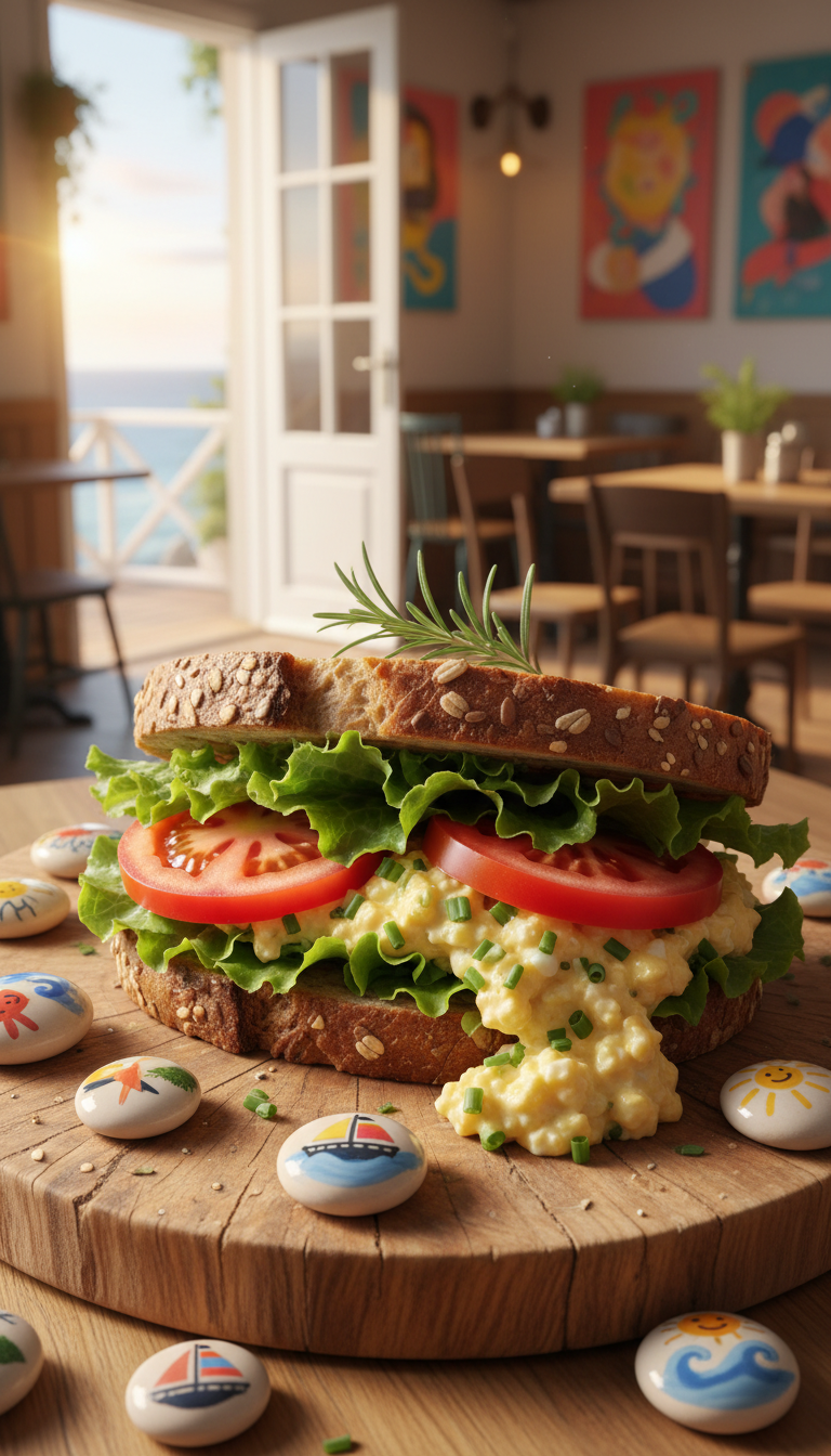 A generously filled sandwich made with crusty, grainy artisan bread, layered with crisp lettuce, juicy vine tomatoes, and creamy homemade egg salad, the fillings slightly spilling from one side. The sandwich is set atop a round wooden board surrounded by whimsically arranged, hand-painted ceramic pebbles and a sprig of wild rosemary. Soft morning sunlight pours in from an open door leading to a seaside patio, creating sparkling highlights on dewy vegetables and gentle shadows under the board. The scene exudes playful abundance and warmth, ideal for a family-style lunch. Photographed from a slightly overhead angle with a centered composition that showcases the sandwich’s vibrant details against a subtly blurred, energetic cafe backdrop. The style is bright, colorful, and lively, matching the playful personality.