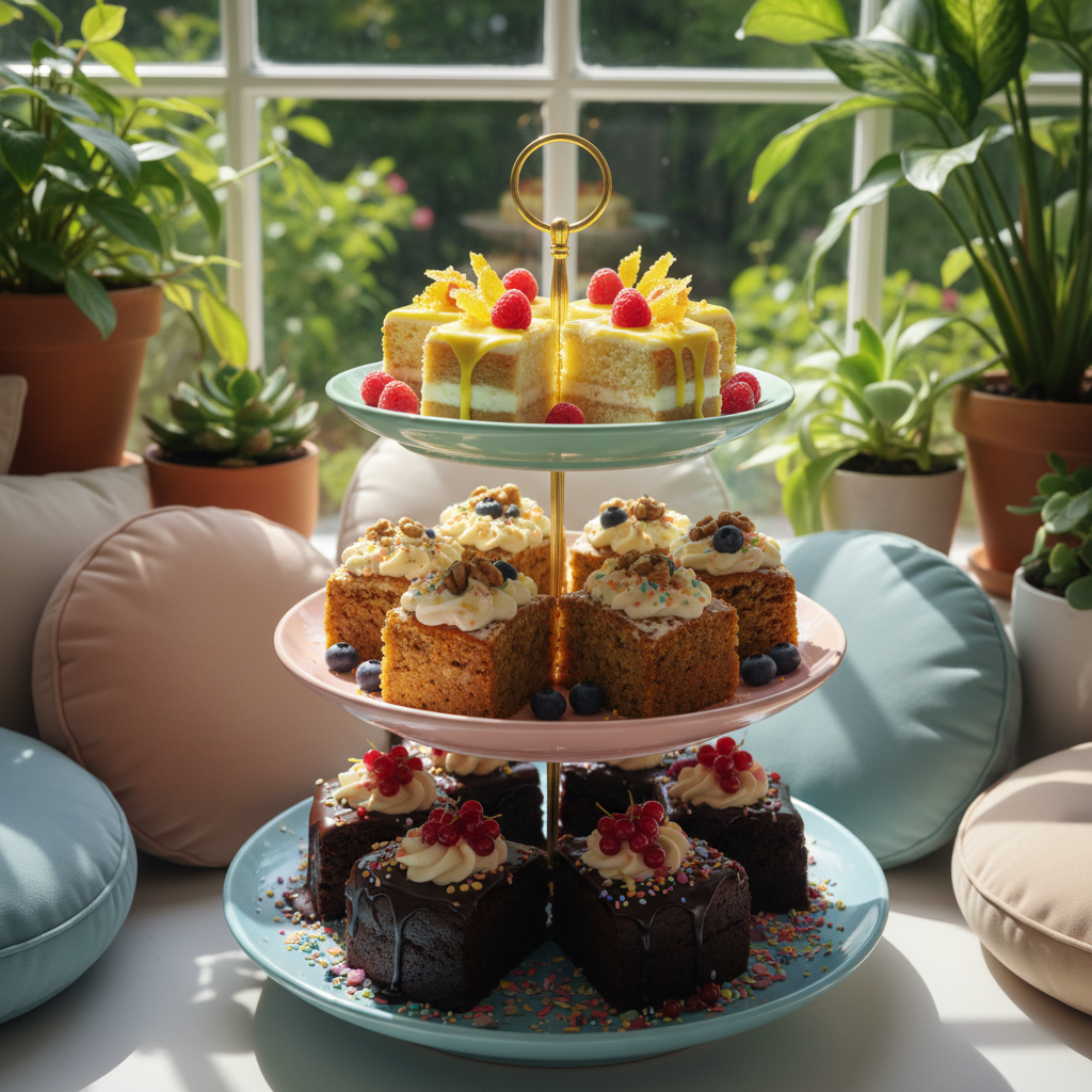 A collection of colorful homemade cakes arranged on a tiered pastel ceramic cake stand, each slice featuring playful swirls of icing, glossy berries, and textured sprinkles, with lemon, carrot, and chocolate cake varieties visible. The stand is placed in the center of a sunlit window nook at the cafe, surrounded by rounded cushions and lush potted greenery that hints at the coastal garden outside. Dappled sunlight from the window highlights the cake toppings, creating distinct shadows and sparkling highlights on glazes. The atmosphere feels cheerful and indulgent, balancing vibrancy with homely warmth. Shot at an eye-level composition using the rule of thirds, with a soft bokeh background that keeps the cakes as the energetic focal point. The style is photographic, whimsical, and colorful.
