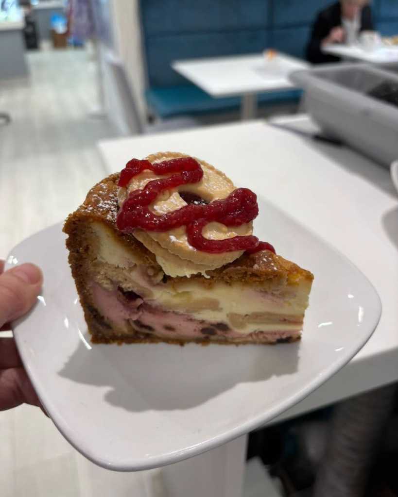 Hand holding a plate with a slice of layered cheesecake topped with a jammy biscuit and raspberry sauce